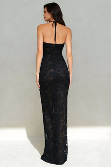 Black Lace Halter Neck Mermaid Long Formal Dress with Keyhole