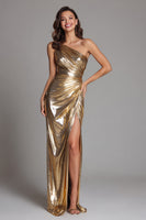 Load image into Gallery viewer, Sparkly Gold Metallic One Shoulder Sheath Long Formal Dress with Slit