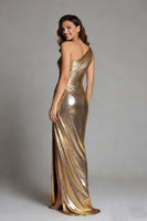 Load image into Gallery viewer, Sparkly Gold Metallic One Shoulder Sheath Long Formal Dress with Slit