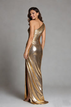 Sparkly Gold Metallic One Shoulder Sheath Long Formal Dress with Slit