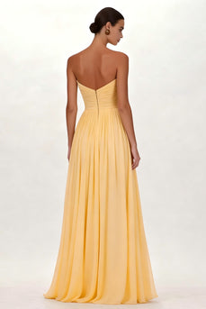 Yellow Chiffon Sweetheart Pleated A Line Long Formal Dress
