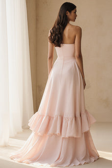 Light Pink Strapless Ruffled A Line Long Formal Dress