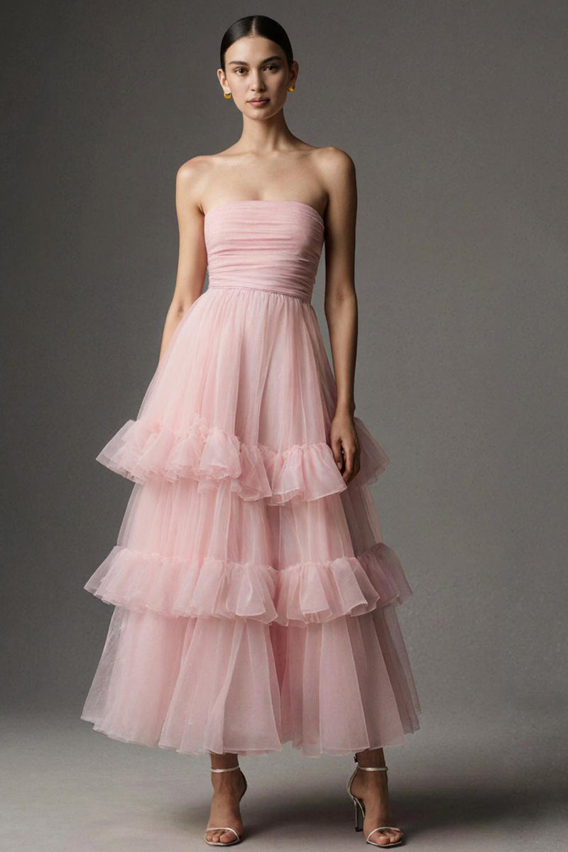 Load image into Gallery viewer, Pink Tulle Strapless Ruffled A Line Ankle Length Formal Dress