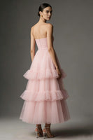 Load image into Gallery viewer, Pink Tulle Strapless Ruffled A Line Ankle Length Formal Dress
