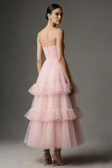 Pink Tulle Strapless Ruffled A Line Ankle Length Formal Dress