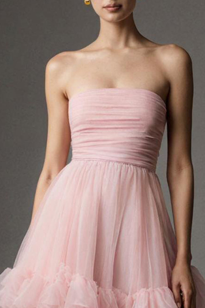 Load image into Gallery viewer, Pink Tulle Strapless Ruffled A Line Ankle Length Formal Dress