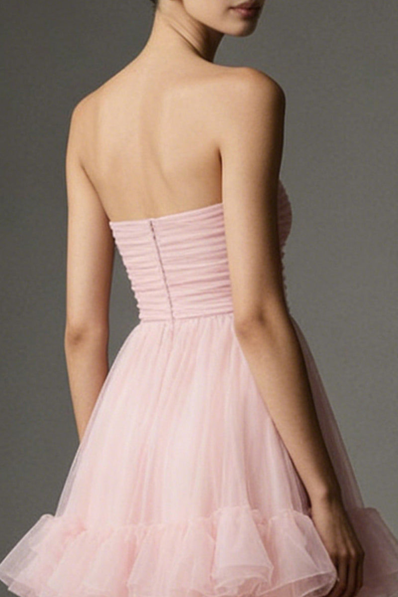 Load image into Gallery viewer, Pink Tulle Strapless Ruffled A Line Ankle Length Formal Dress