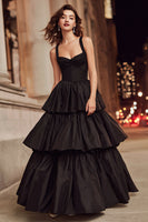 Load image into Gallery viewer, Black Thick Straps Ruffled A Line Long Formal Dress