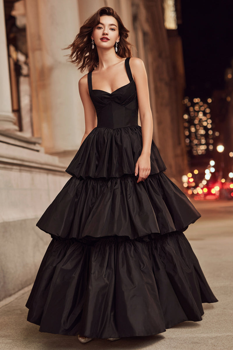 Load image into Gallery viewer, Black Thick Straps Ruffled A Line Long Formal Dress
