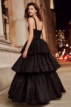 Black Thick Straps Ruffled A Line Long Formal Dress