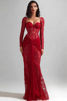 Load image into Gallery viewer, Red Lace Sweetheart Mermaid Long Formal Dress with Sleeves