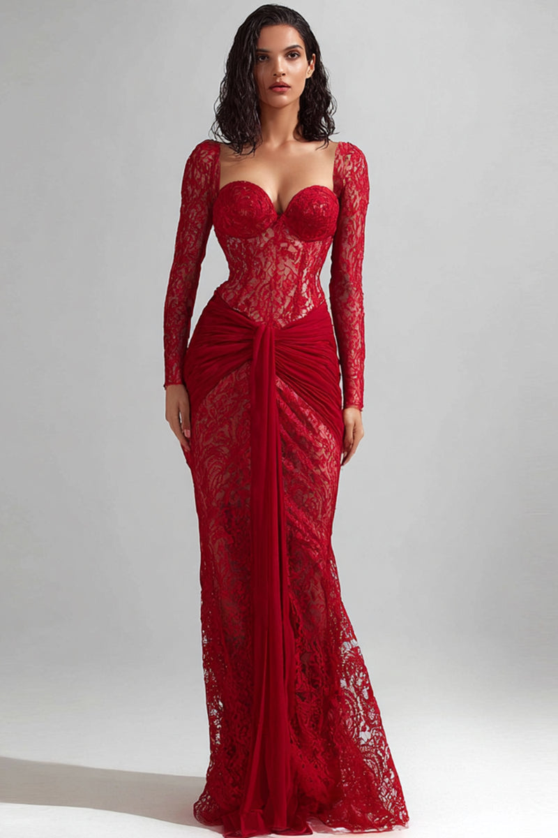 Load image into Gallery viewer, Red Lace Sweetheart Mermaid Long Formal Dress with Sleeves