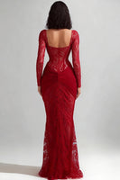 Load image into Gallery viewer, Red Lace Sweetheart Mermaid Long Formal Dress with Sleeves