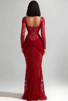 Red Lace Sweetheart Mermaid Long Formal Dress with Sleeves