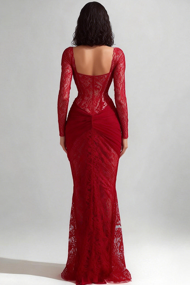 Load image into Gallery viewer, Red Lace Sweetheart Mermaid Long Formal Dress with Sleeves