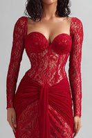 Load image into Gallery viewer, Red Lace Sweetheart Mermaid Long Formal Dress with Sleeves