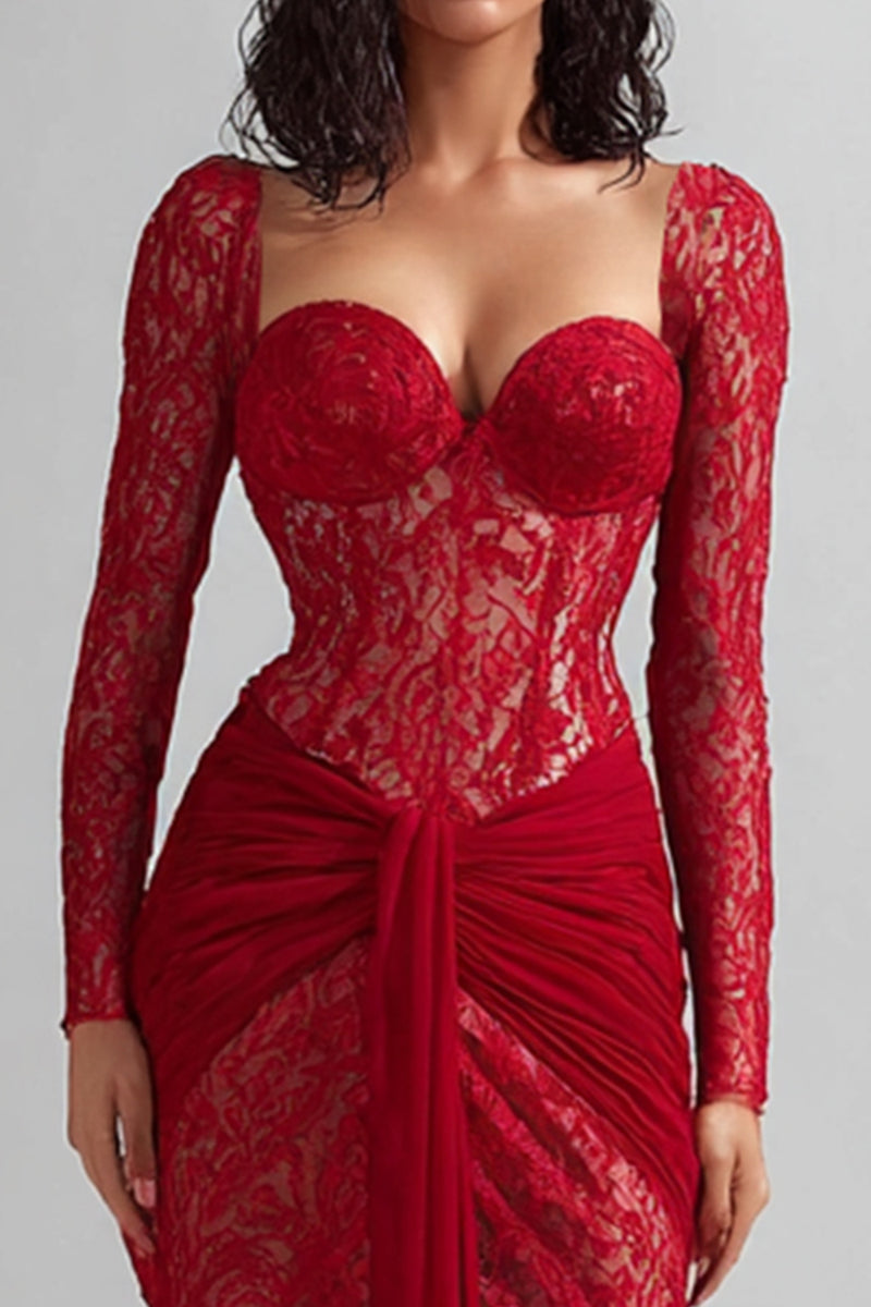 Load image into Gallery viewer, Red Lace Sweetheart Mermaid Long Formal Dress with Sleeves