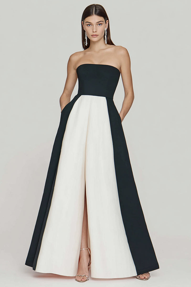 Load image into Gallery viewer, Black and White Strapless A Line Long Formal Dress with Slit