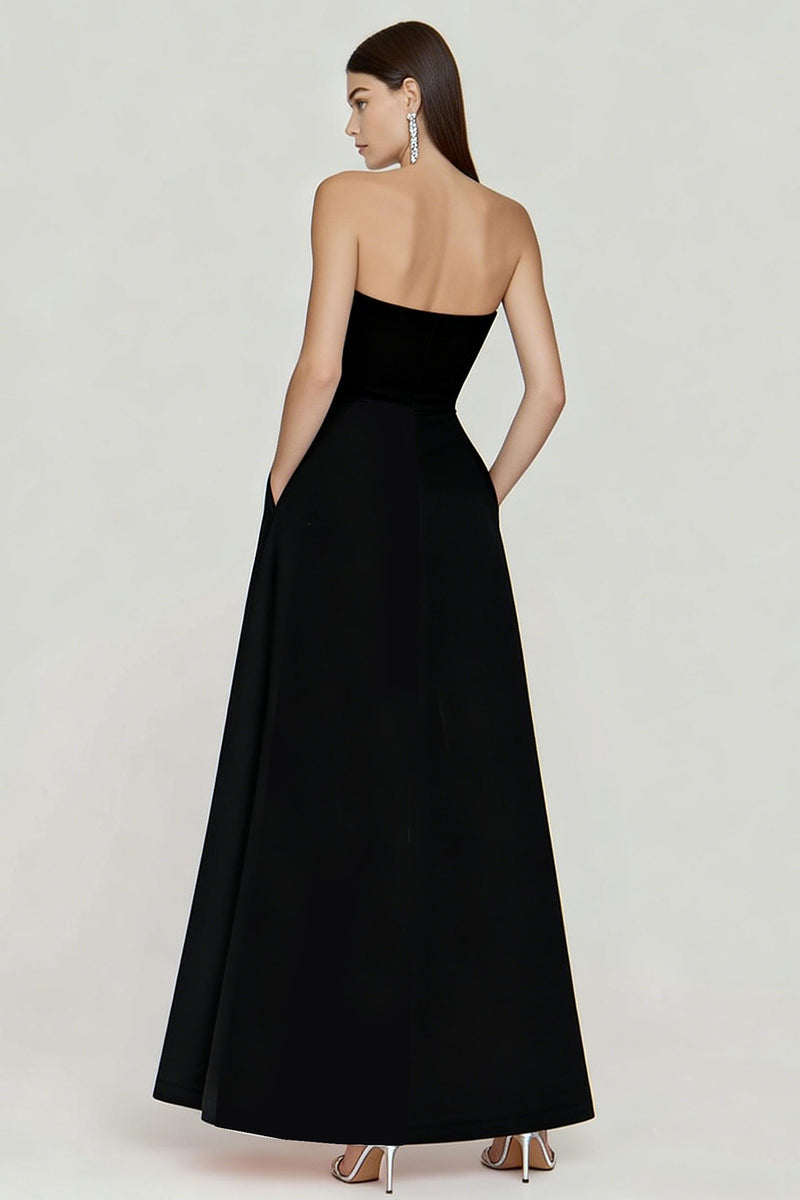 Load image into Gallery viewer, Black and White Strapless A Line Long Formal Dress with Slit