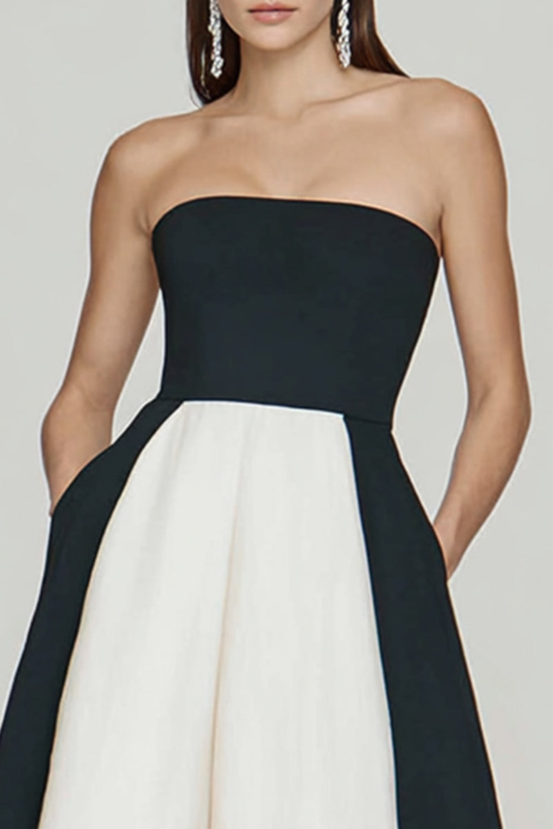 Load image into Gallery viewer, Black and White Strapless A Line Long Formal Dress with Slit