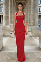 Load image into Gallery viewer, Red Halter Neck Ruched Mermaid Long Formal Dress