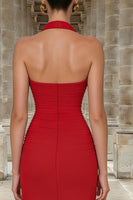 Load image into Gallery viewer, Red Halter Neck Ruched Mermaid Long Formal Dress