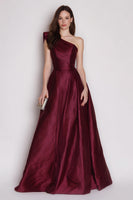 Load image into Gallery viewer, Burgundy Satin One Shoulder A Line Long Formal Dress
