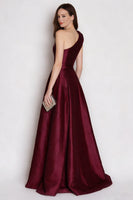 Load image into Gallery viewer, Burgundy Satin One Shoulder A Line Long Formal Dress