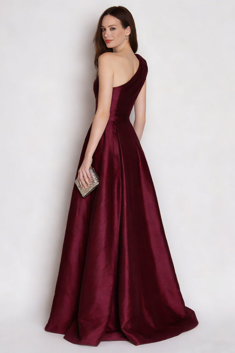Load image into Gallery viewer, Burgundy Satin One Shoulder A Line Long Formal Dress
