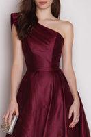 Load image into Gallery viewer, Burgundy Satin One Shoulder A Line Long Formal Dress