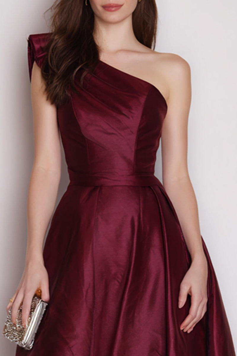 Load image into Gallery viewer, Burgundy Satin One Shoulder A Line Long Formal Dress