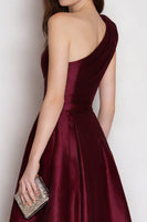 Load image into Gallery viewer, Burgundy Satin One Shoulder A Line Long Formal Dress