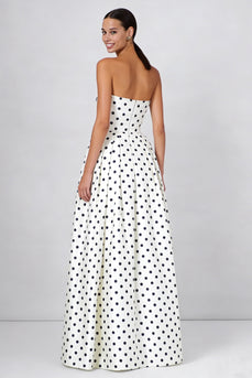 Black and White Polka Dots Strapless A Line Long Formal Dress
