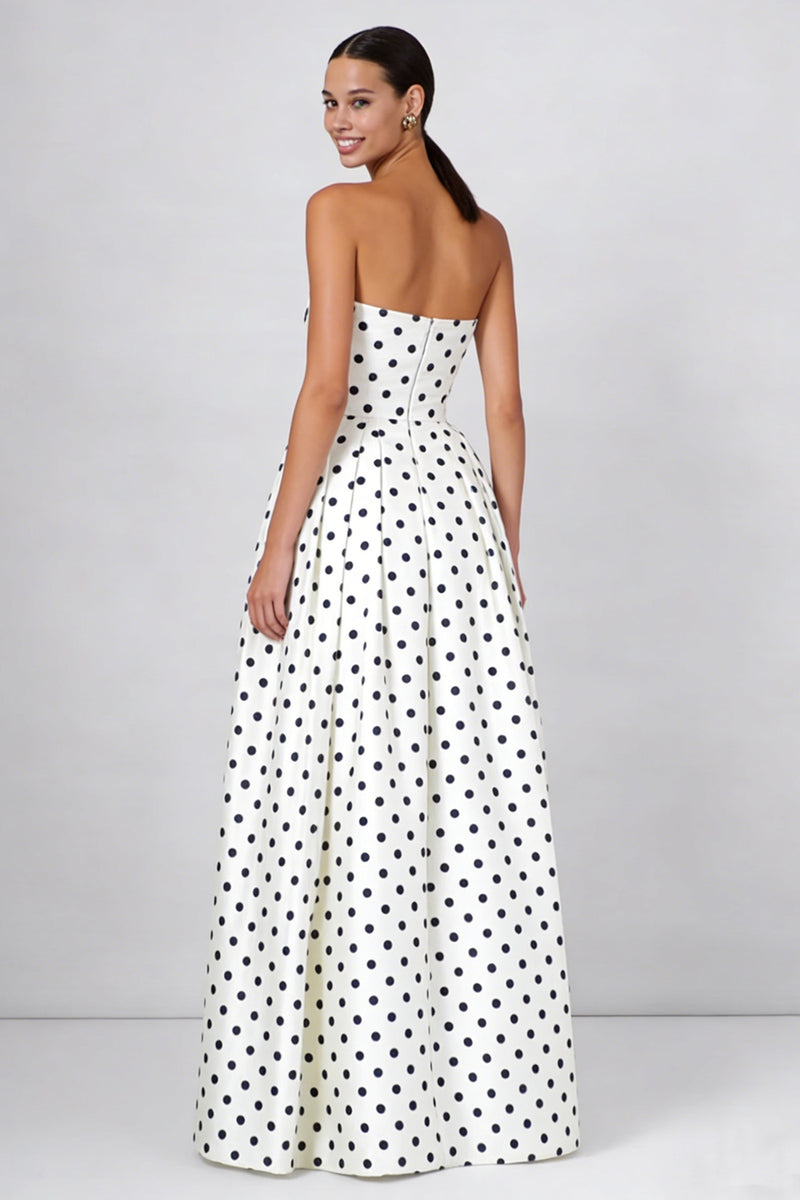 Load image into Gallery viewer, Black and White Polka Dots Strapless A Line Long Formal Dress