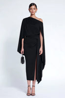 Load image into Gallery viewer, Black One Shoulder Sheath Midi Formal Dress with Cape