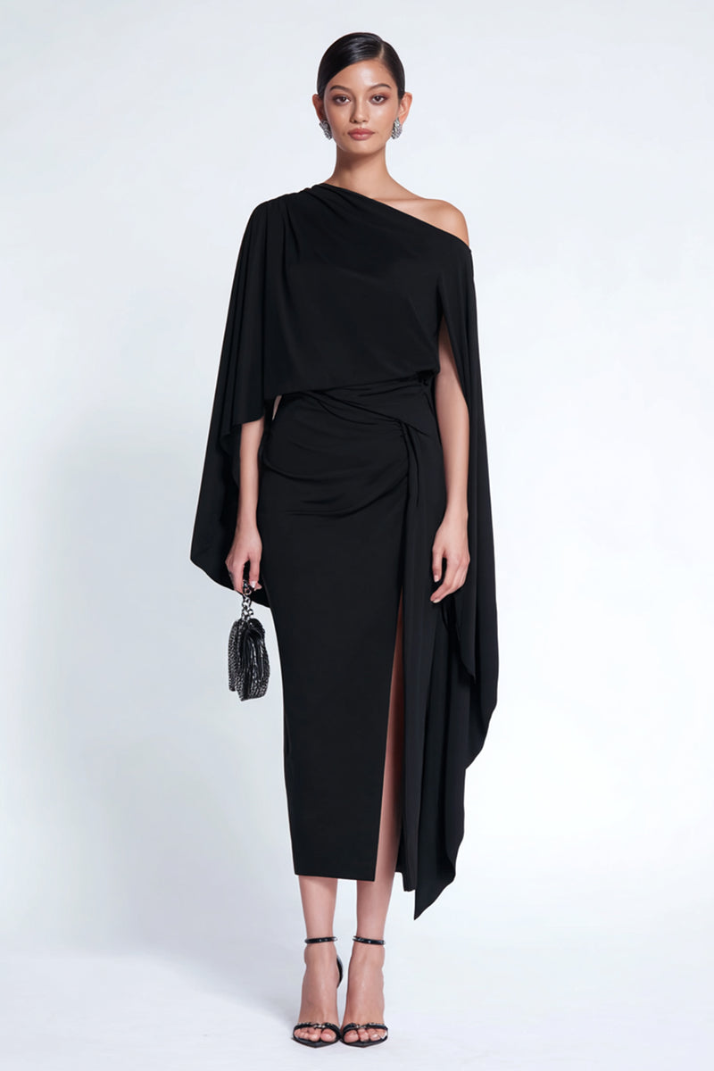 Load image into Gallery viewer, Black One Shoulder Sheath Midi Formal Dress with Cape