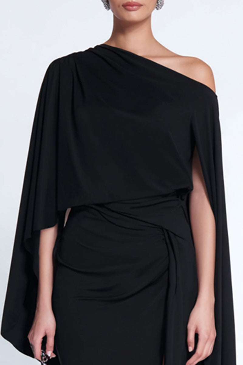 Load image into Gallery viewer, Black One Shoulder Sheath Midi Formal Dress with Cape