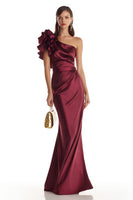 Load image into Gallery viewer, Burgundy Satin One Shoulder Mermaid Long Formal Dress with 3D Flower