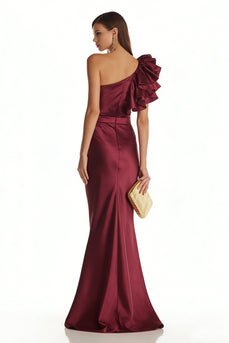 Burgundy Satin One Shoulder Mermaid Long Formal Dress with 3D Flower