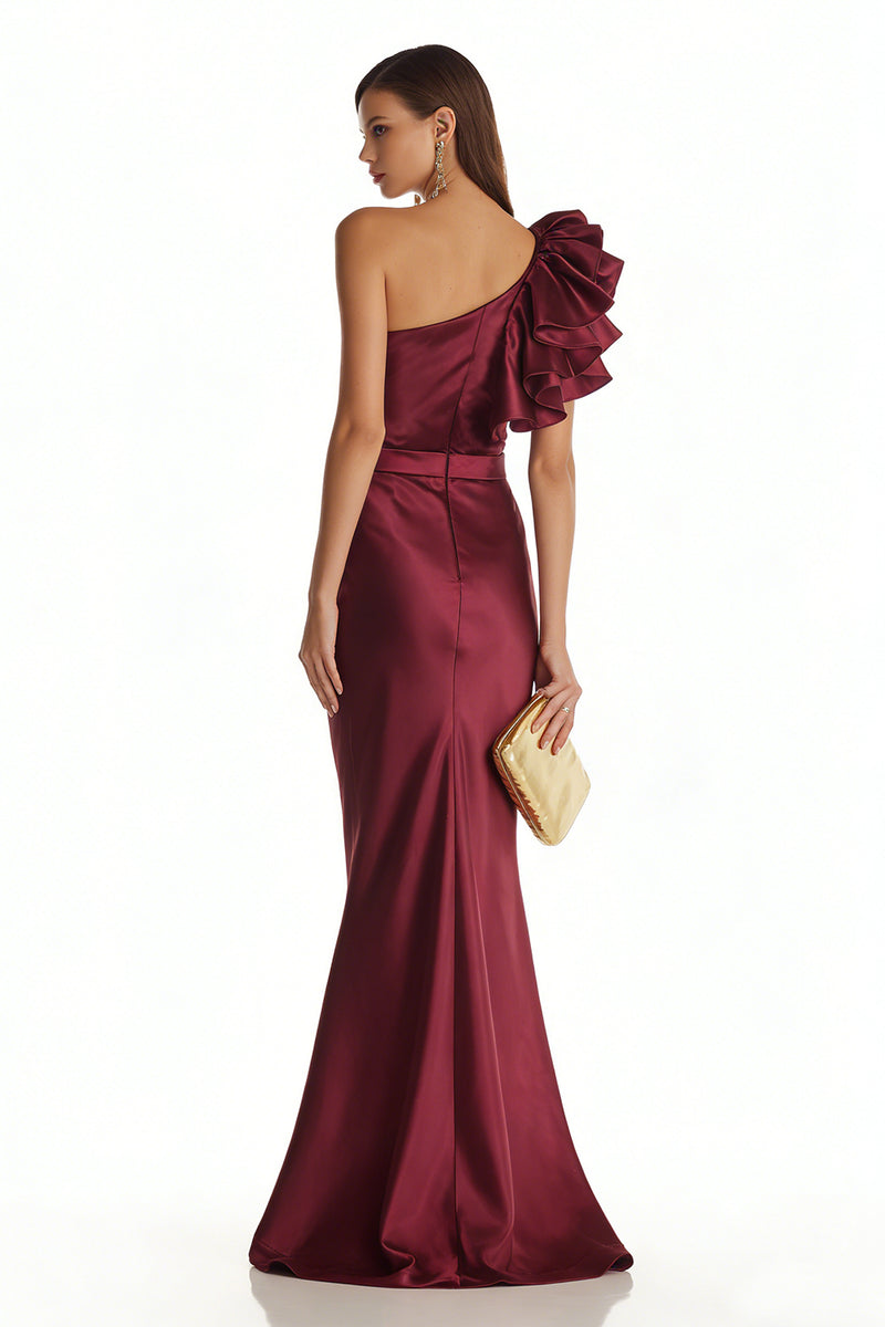 Load image into Gallery viewer, Burgundy Satin One Shoulder Mermaid Long Formal Dress with 3D Flower