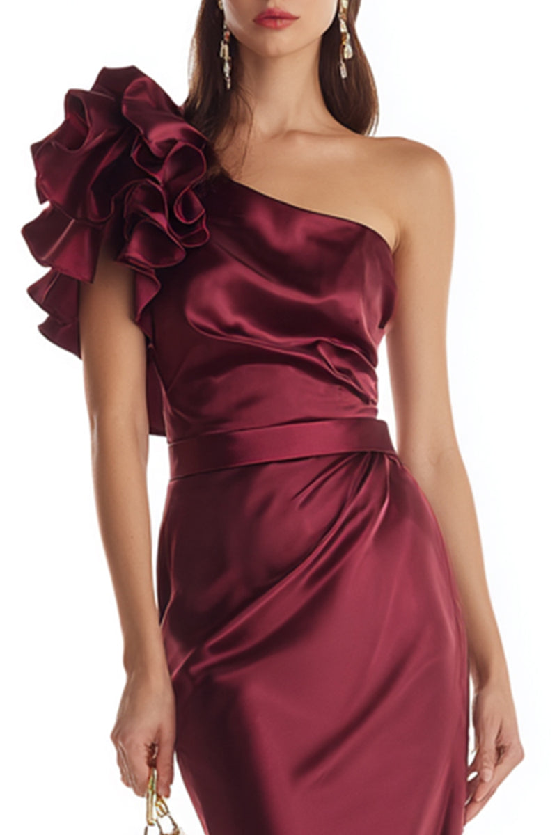 Load image into Gallery viewer, Burgundy Satin One Shoulder Mermaid Long Formal Dress with 3D Flower
