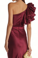 Load image into Gallery viewer, Burgundy Satin One Shoulder Mermaid Long Formal Dress with 3D Flower