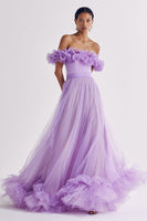 Load image into Gallery viewer, Lilac Tulle Off the Shoulder Ruffled A Line Long Formal Dress