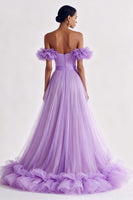 Load image into Gallery viewer, Lilac Tulle Off the Shoulder Ruffled A Line Long Formal Dress