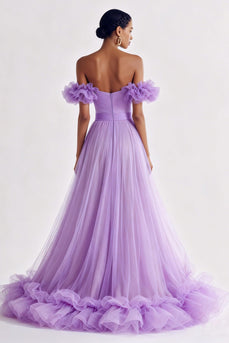 Lilac Tulle Off the Shoulder Ruffled A Line Long Formal Dress