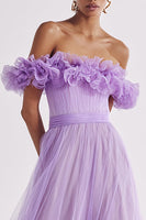 Load image into Gallery viewer, Lilac Tulle Off the Shoulder Ruffled A Line Long Formal Dress