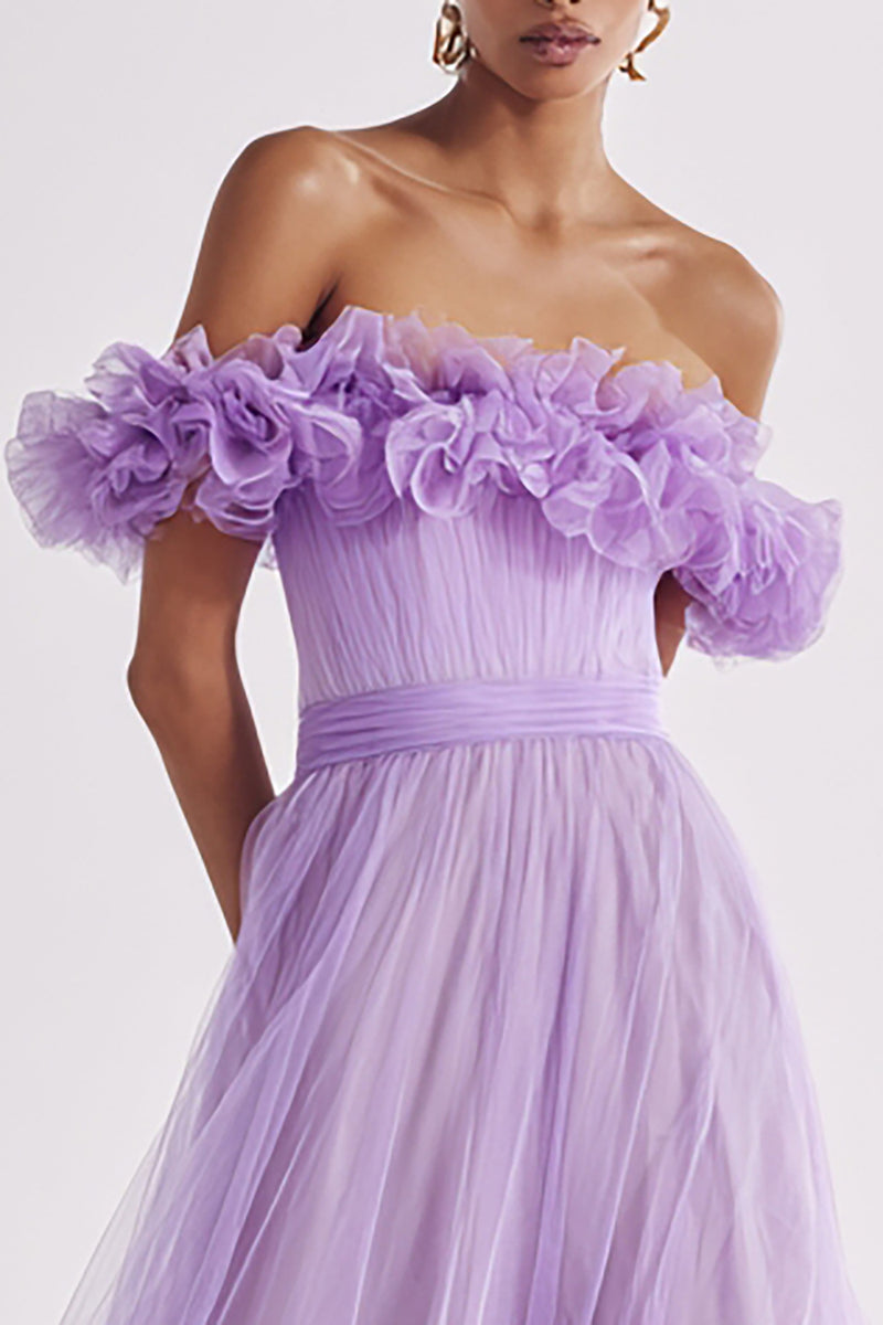 Load image into Gallery viewer, Lilac Tulle Off the Shoulder Ruffled A Line Long Formal Dress