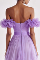 Load image into Gallery viewer, Lilac Tulle Off the Shoulder Ruffled A Line Long Formal Dress