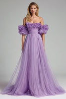 Load image into Gallery viewer, Lilac Off the Shoulder Tulle A Line Long Formal Dress with Ruffles