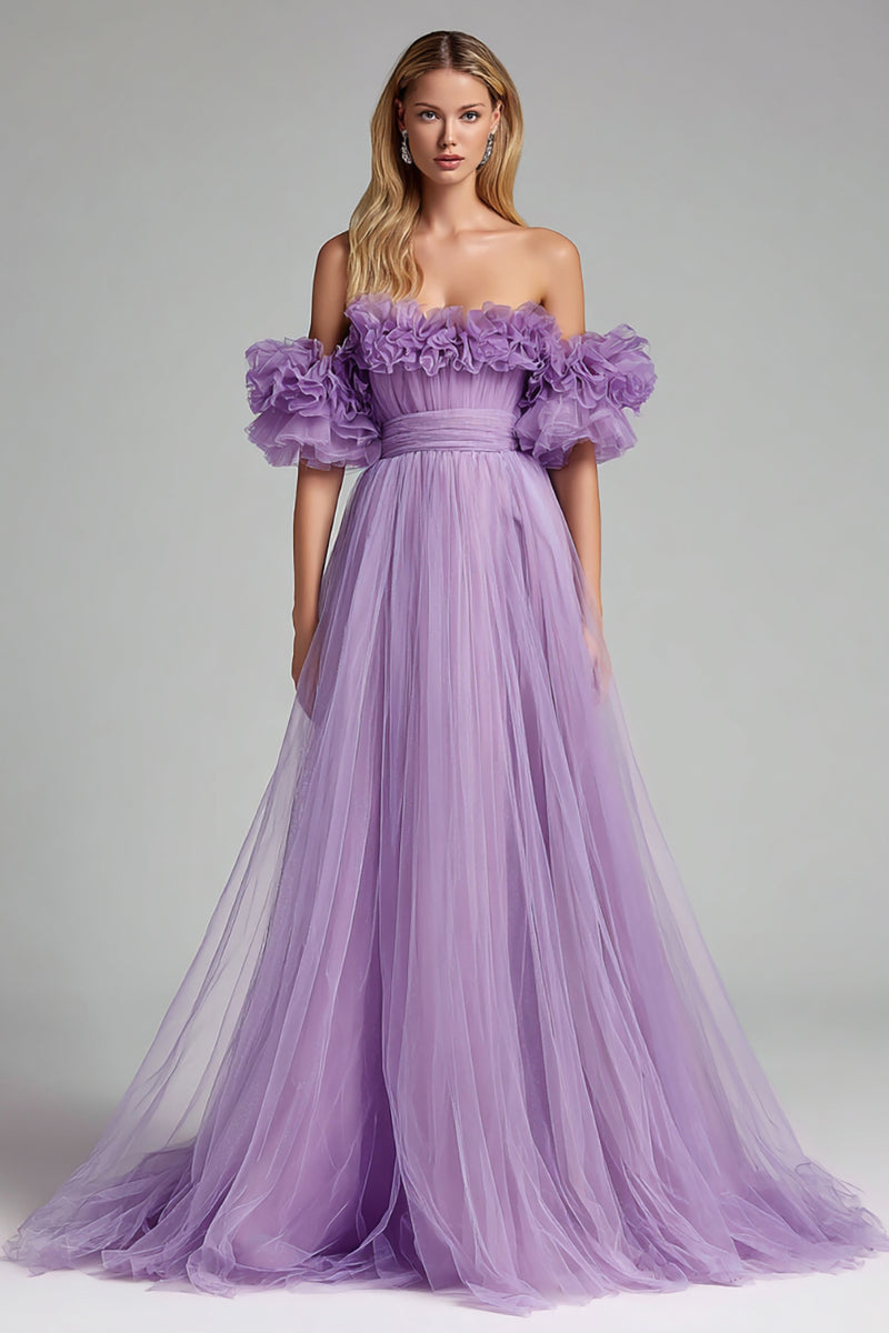 Load image into Gallery viewer, Lilac Off the Shoulder Tulle A Line Long Formal Dress with Ruffles